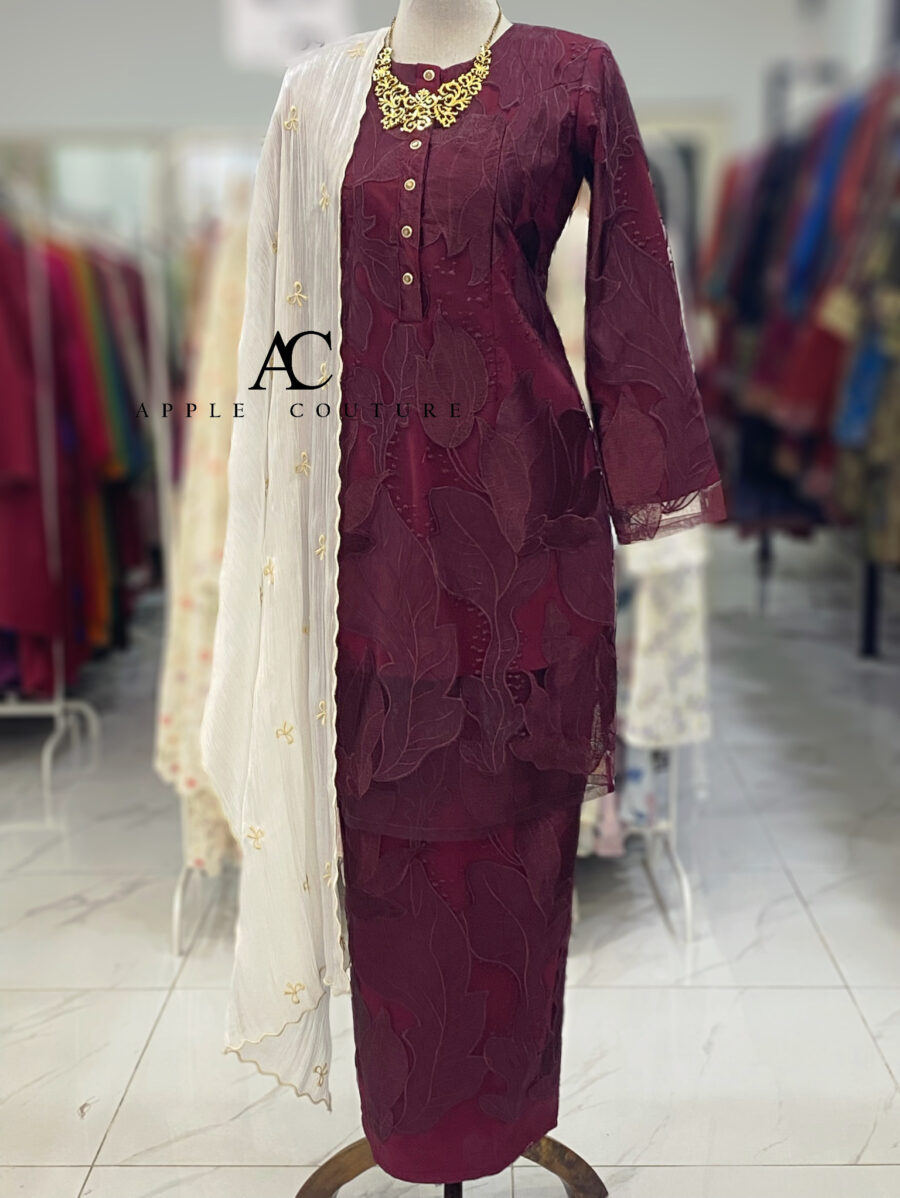 BAINON KURUNG EMBROIDERY ORGANZA BURGUNDY 2.0