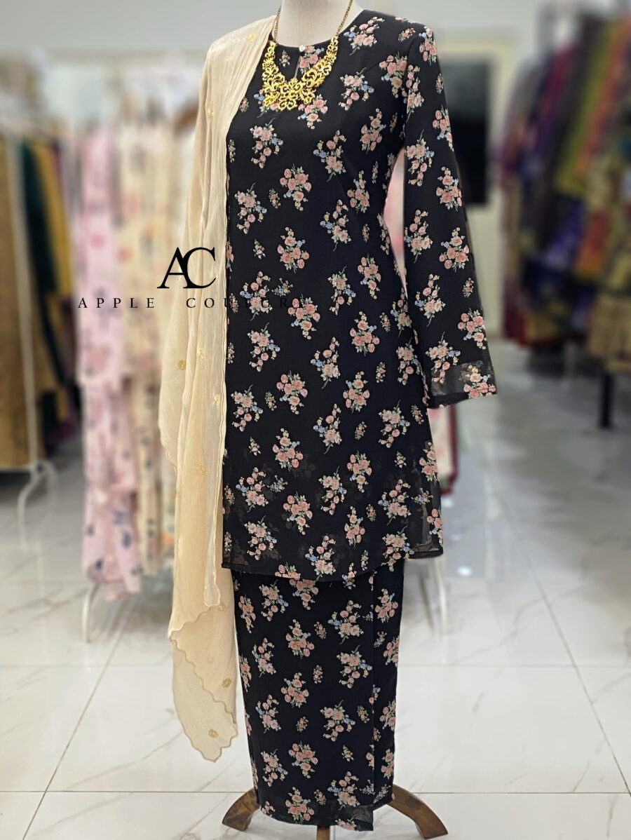 CAMELIA KURUNG PRINTED CHIFFON BLACK PEACH