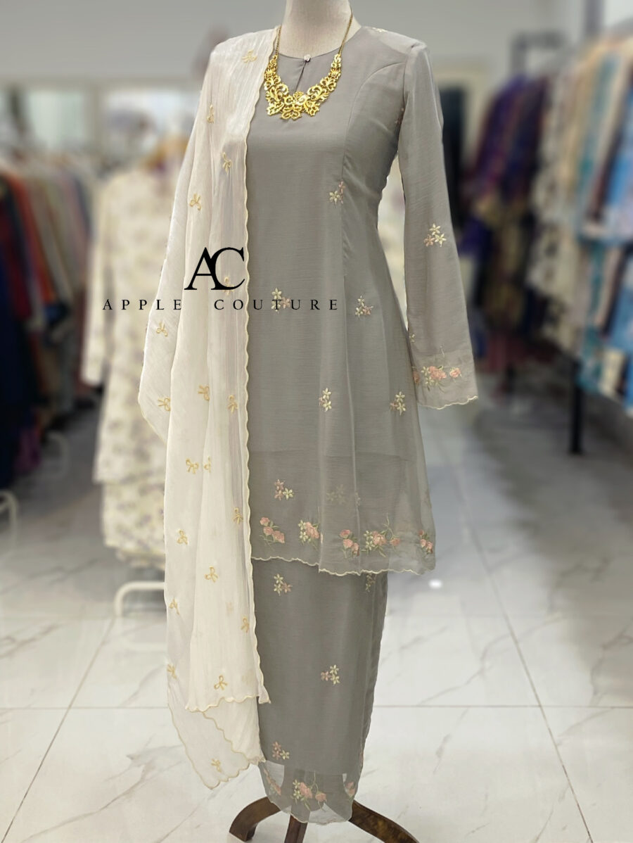 CAMELIA KURUNG MODEN SULAM ORGANZA LIGHT GREY