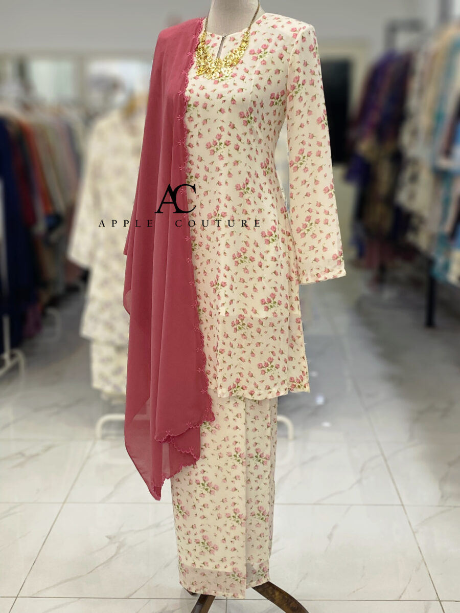 CAMELIA KURUNG PRINTED CHIFFON WHITE PINK