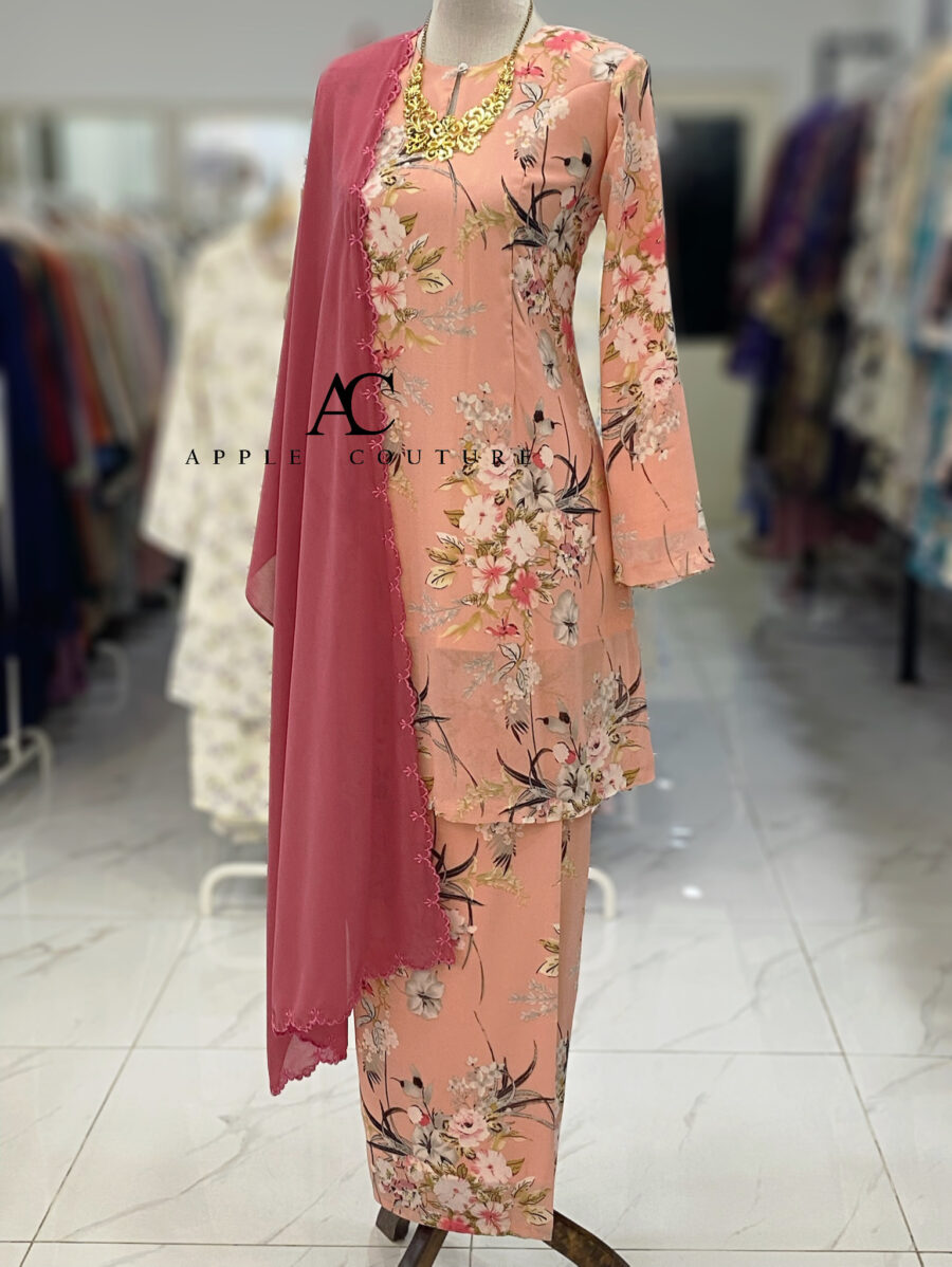 CAMELIA KURUNG PRINTED CHIFFON PEACH SALMON