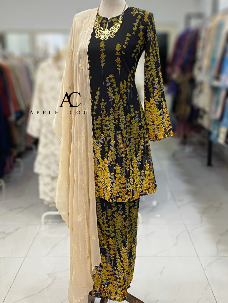 CAMELIA KURUNG PRINTED CHIFFON BLACK YELLOW