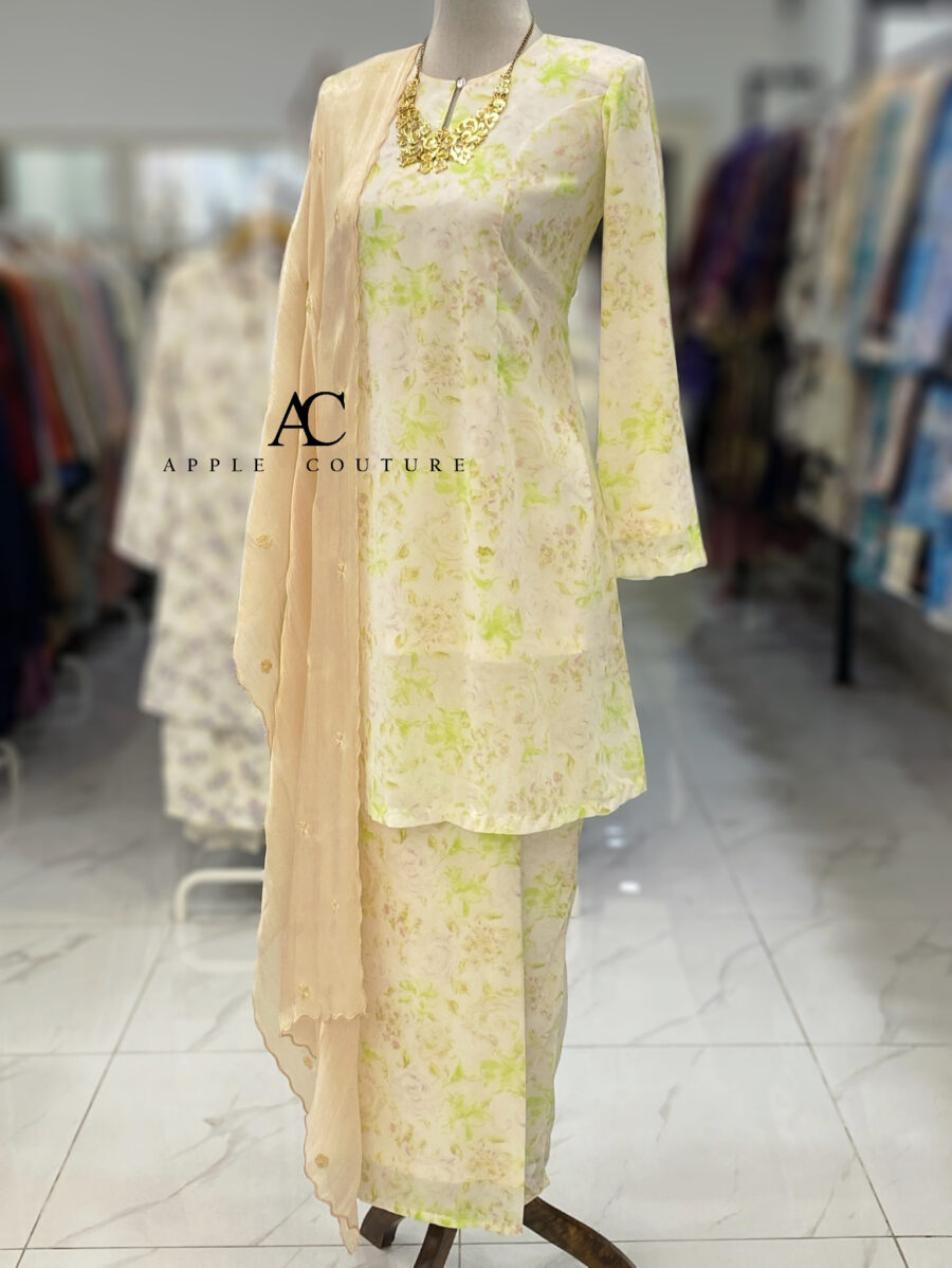 CAMELIA KURUNG PRINTED CHIFFON CREAM GREEN