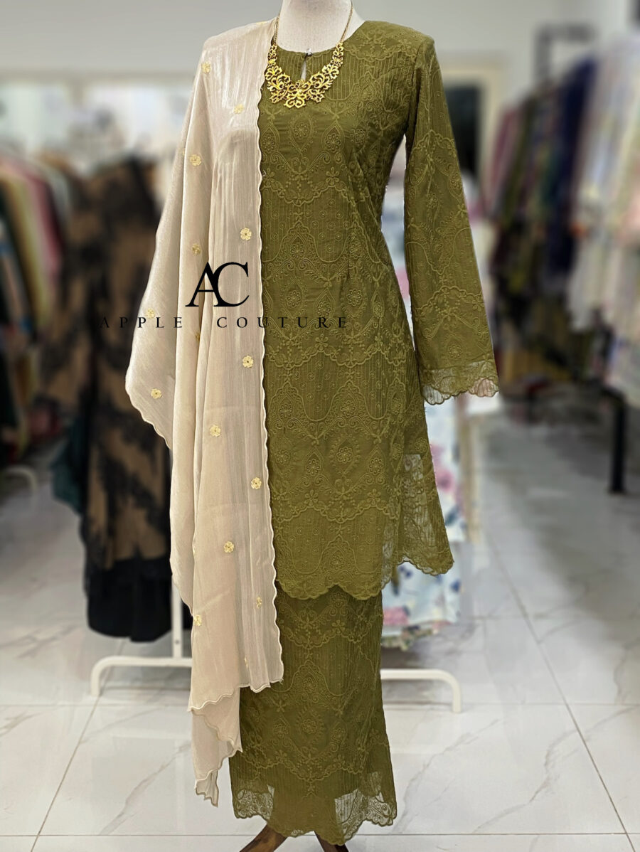 CAMELIA KURUNG MODEN SULAM ORGANZA OLIVE GREEN