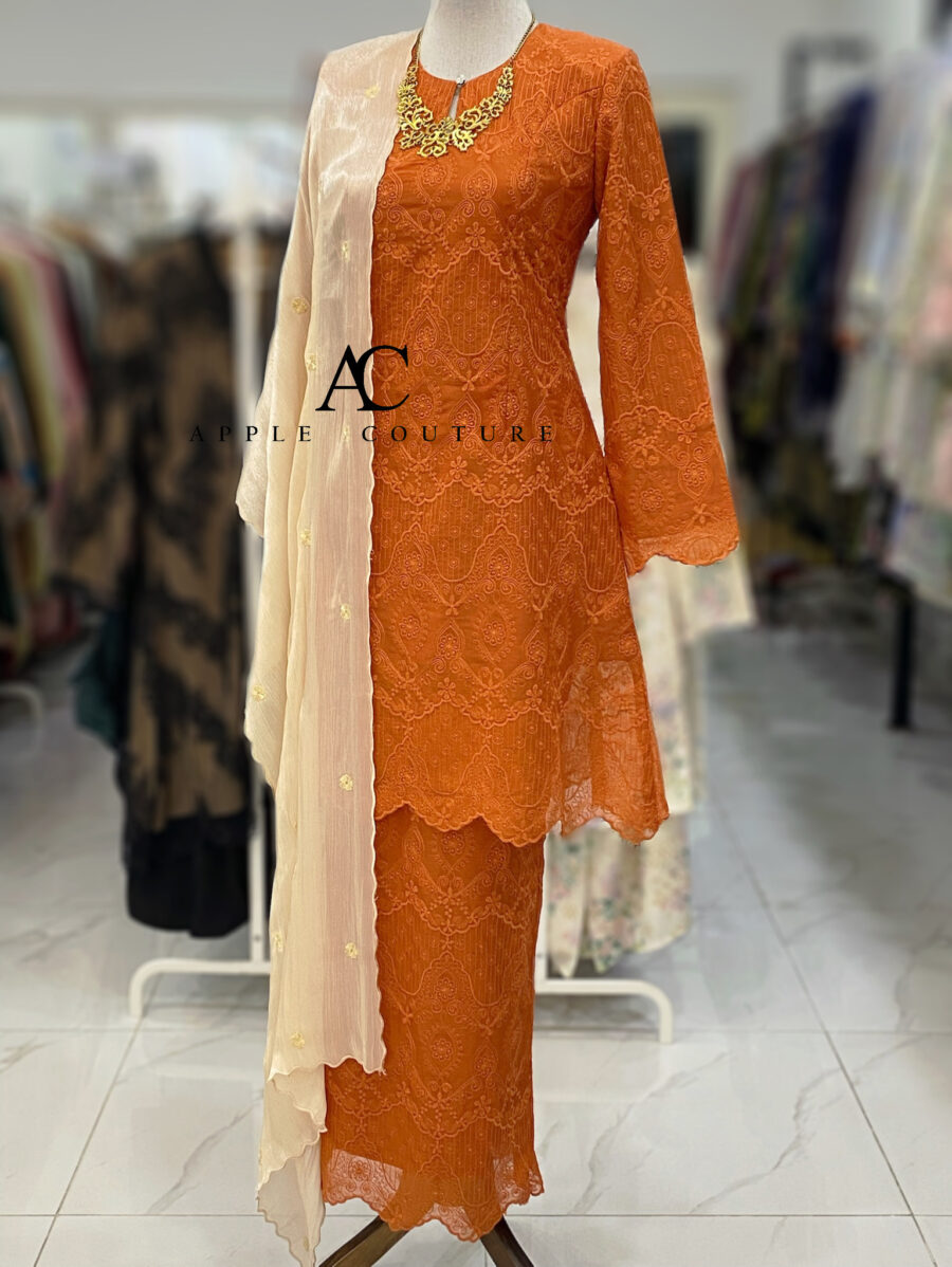 CAMELIA KURUNG MODEN SULAM ORGANZA ORANGE BRICK